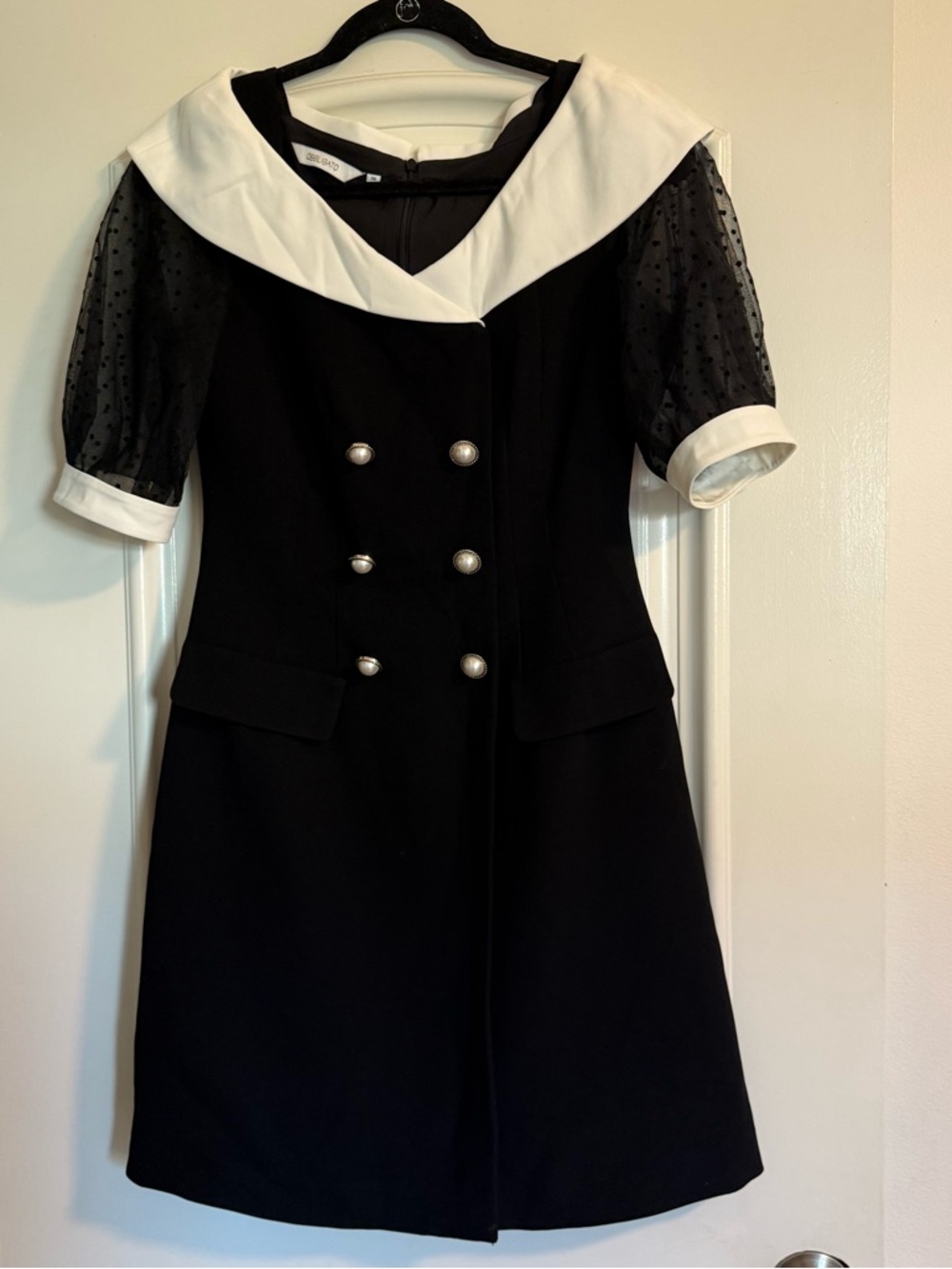 Classic Black & White Sailor Collar Dress with Sheer Polkadot Sleeves
